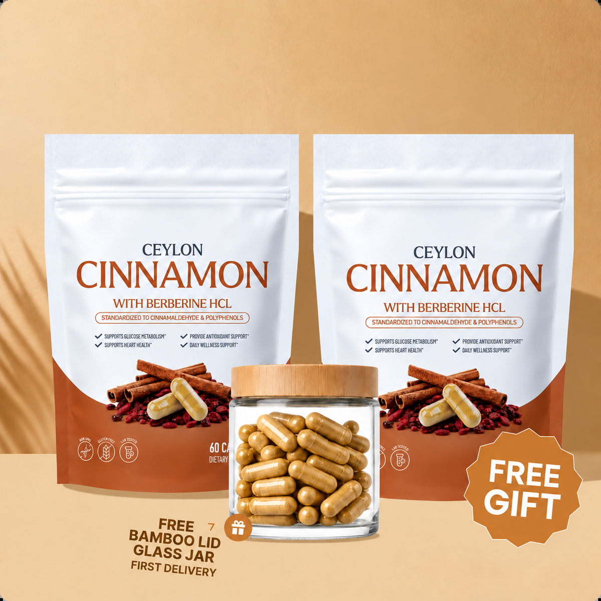 Two cinnamon pouches with a first-delivery glass jar