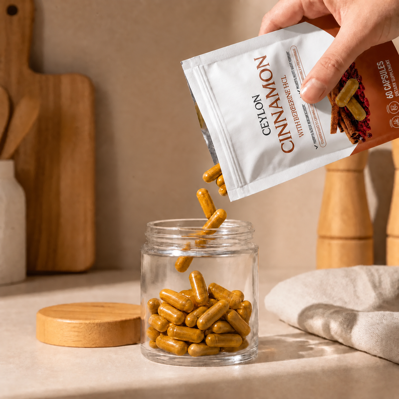 Cinnamon capsules poured into a storage jar