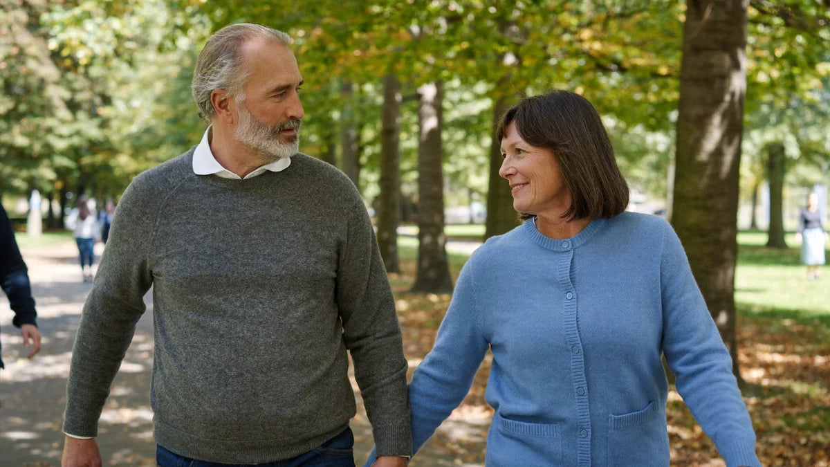Illustrative couple walking in a park