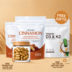 Two cinnamon pouches, D3 and K2, jar and travel case