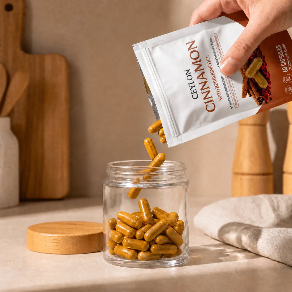 Cinnamon capsules poured from an unbranded pouch into a glass jar